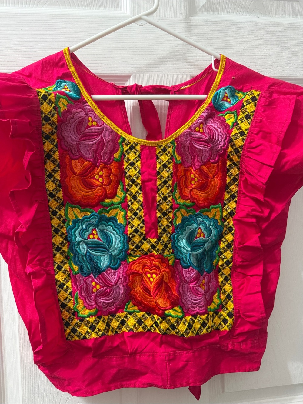 Vibrant Embroidered Floral Mexican Blouse in Hot Pink & Yellow